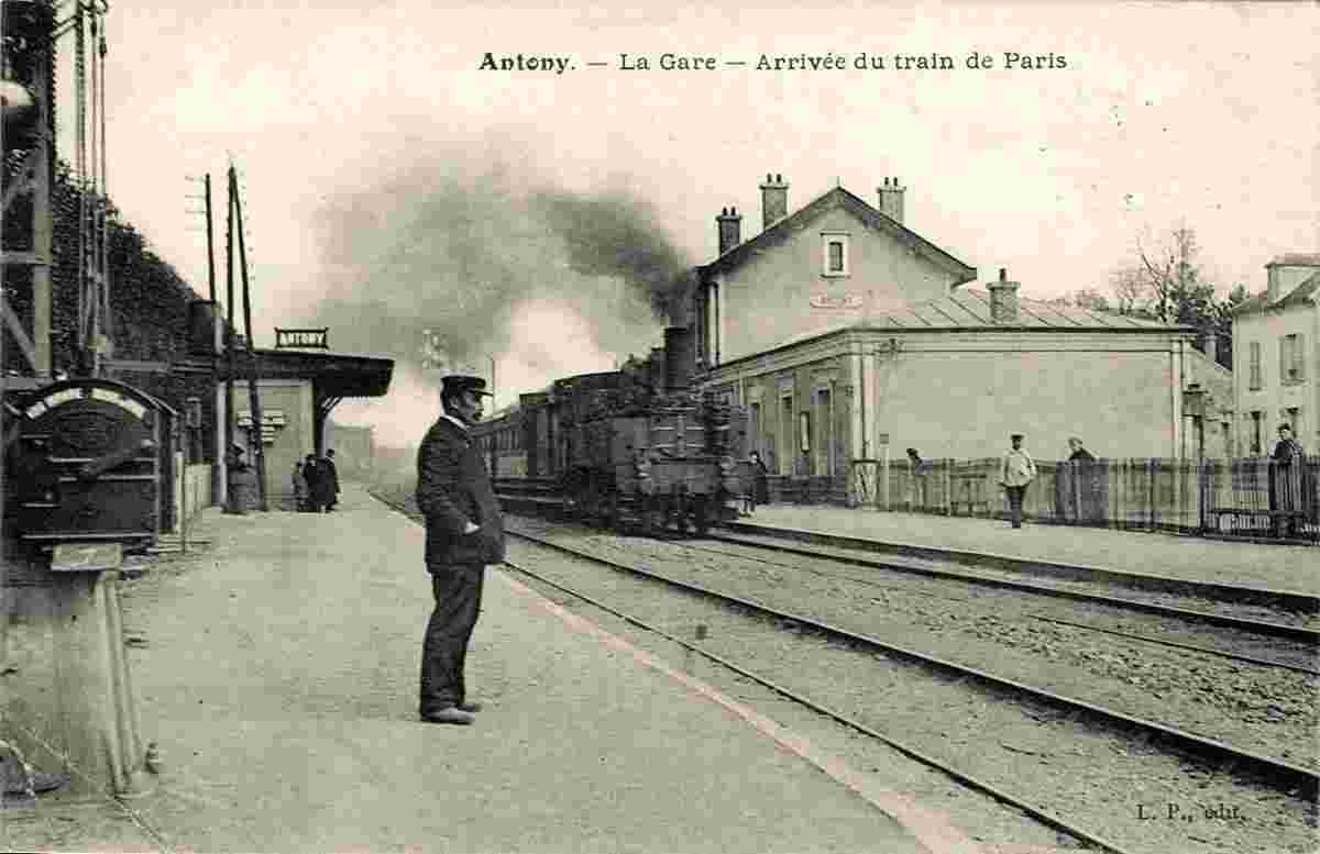 Antony. La gare - Arrivée du train de Paris, 1908